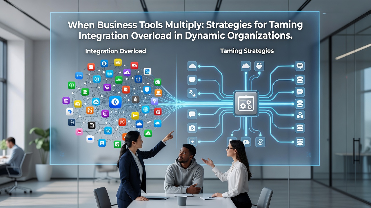 Team collaborating around a conference table with laptops displaying integration diagrams and flow charts